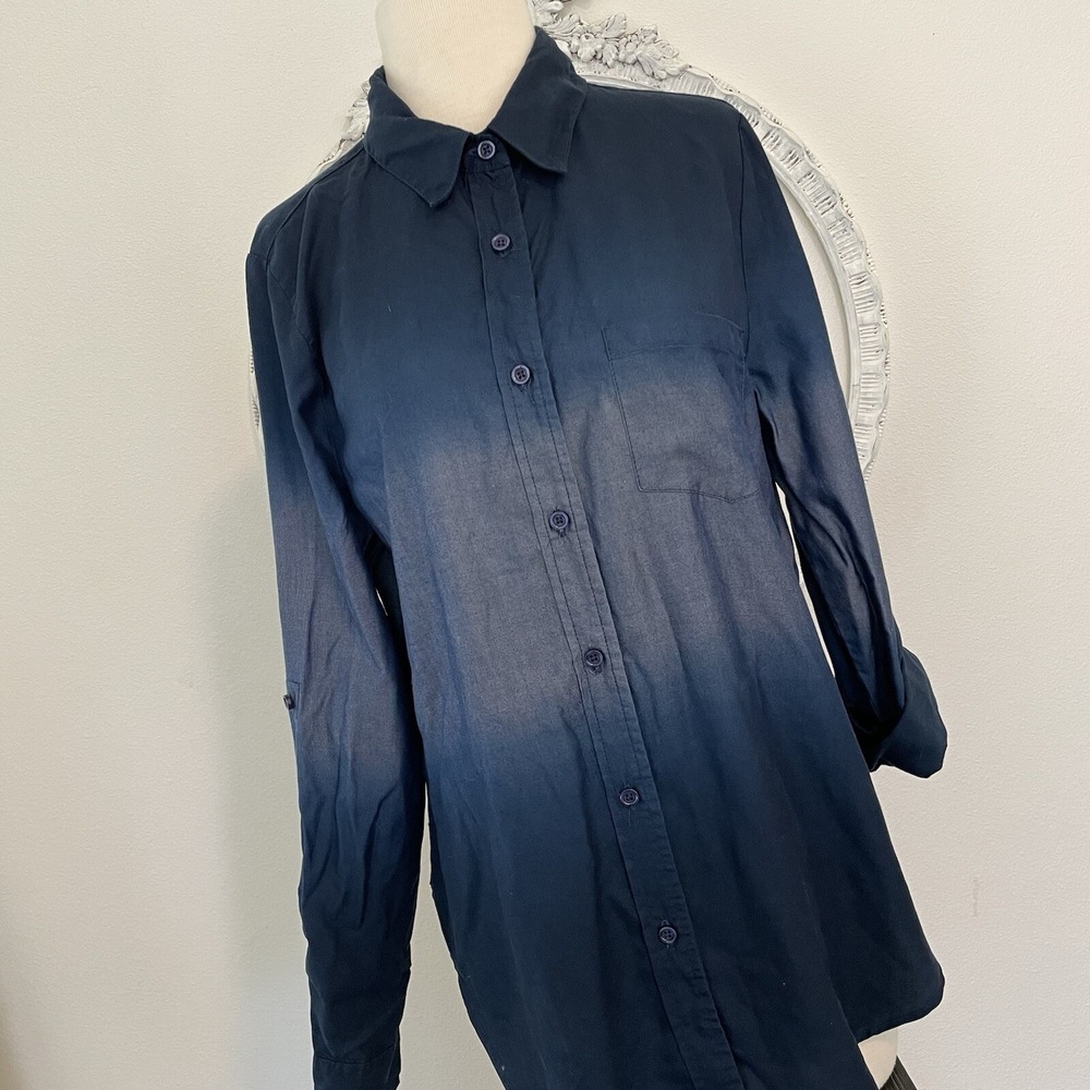 NWT‎ Dear John Womens Shirt Top Button Up Navy Ombré  Roll Tab Long Sleeve Small